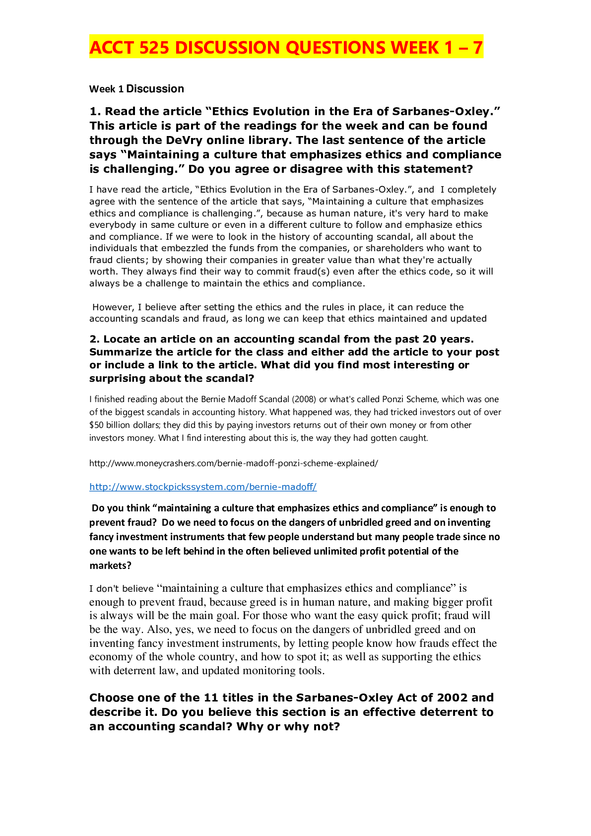 Preview image for ACCT 525 Current Issues In Accounting - ACCT 525 DISCUSSION QUESTIONS WEEK 1 – 7 ALL COMBINED, UPDATED LATEST QUESTIONS AND ANSWERS
